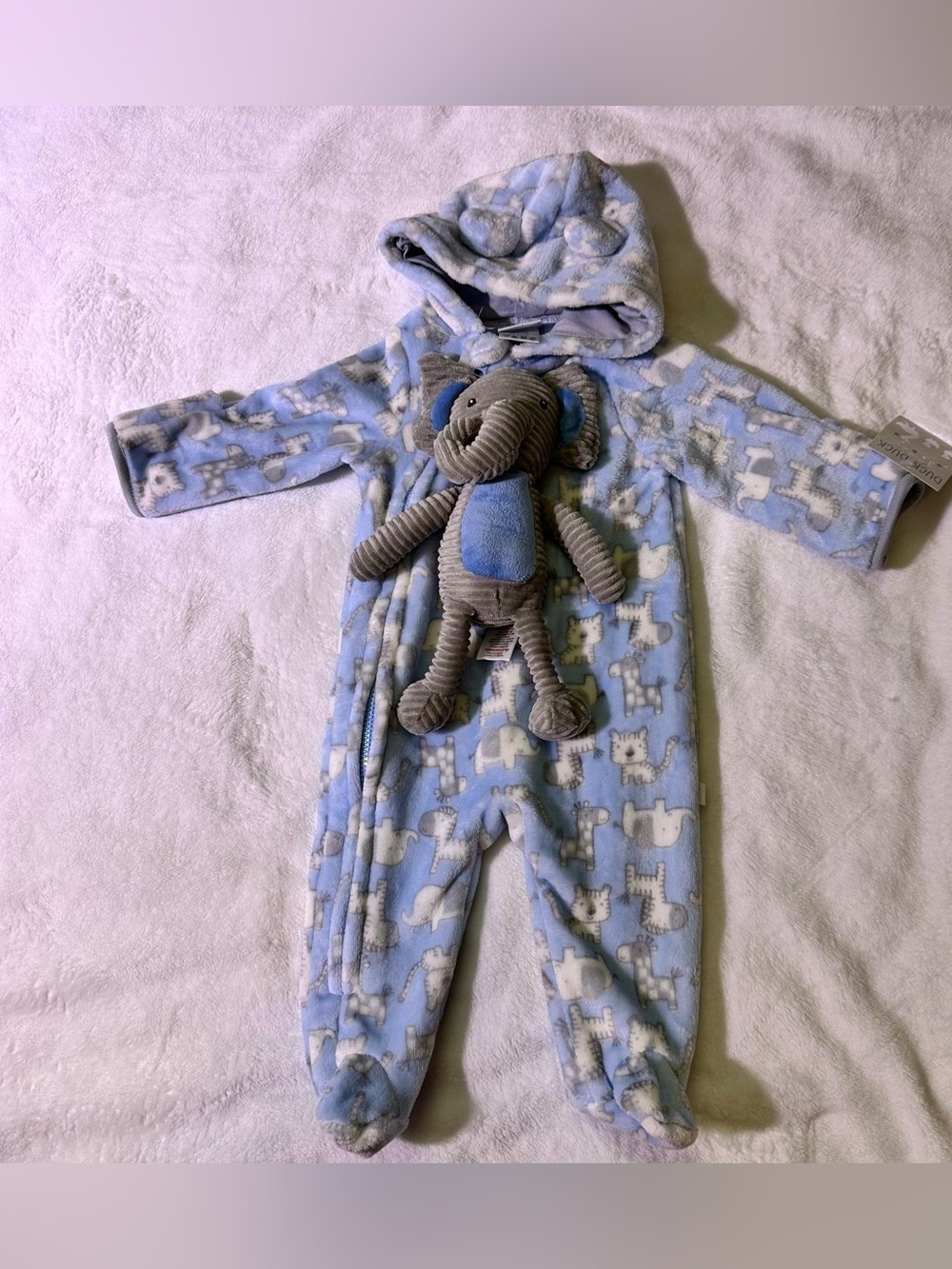 Cozy Blue Animal-Print Hooded Baby Footie